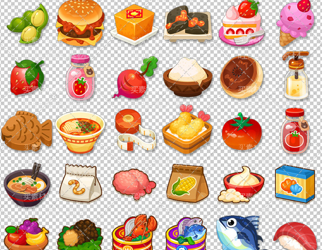 Q版食物图标 卡通可爱消除资源游戏饭团蔬菜蛋糕手游游戏图标素材